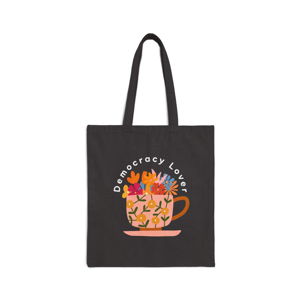 Democracy Lover Black Tote Bag – Floral Mug Political Canvas Tote | Cozy Activism Reusable Bag | Progressive Gift for Democracy Supporters