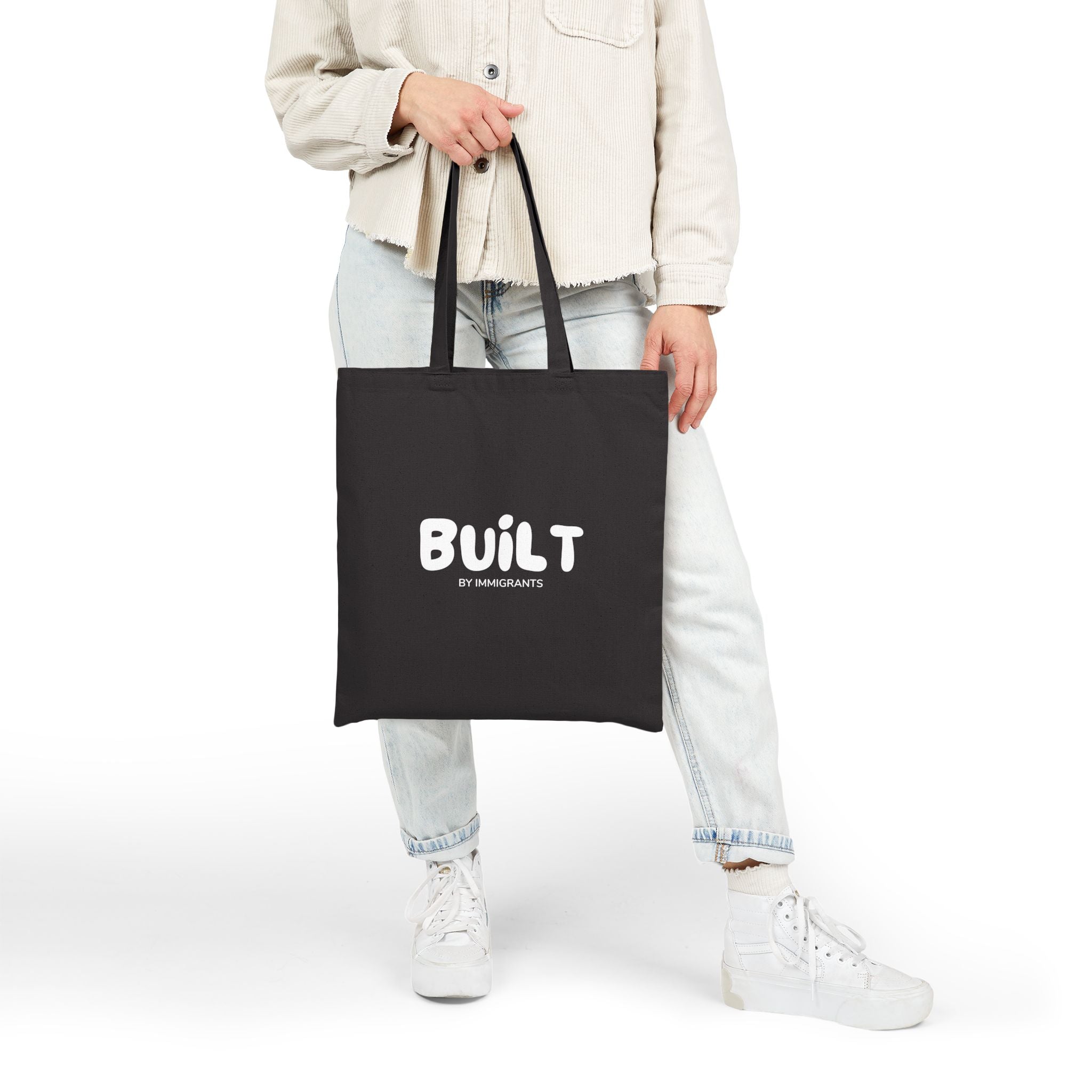Black Tote Bag  "Built by Immigrants" | Cotton Canvas Market Tote