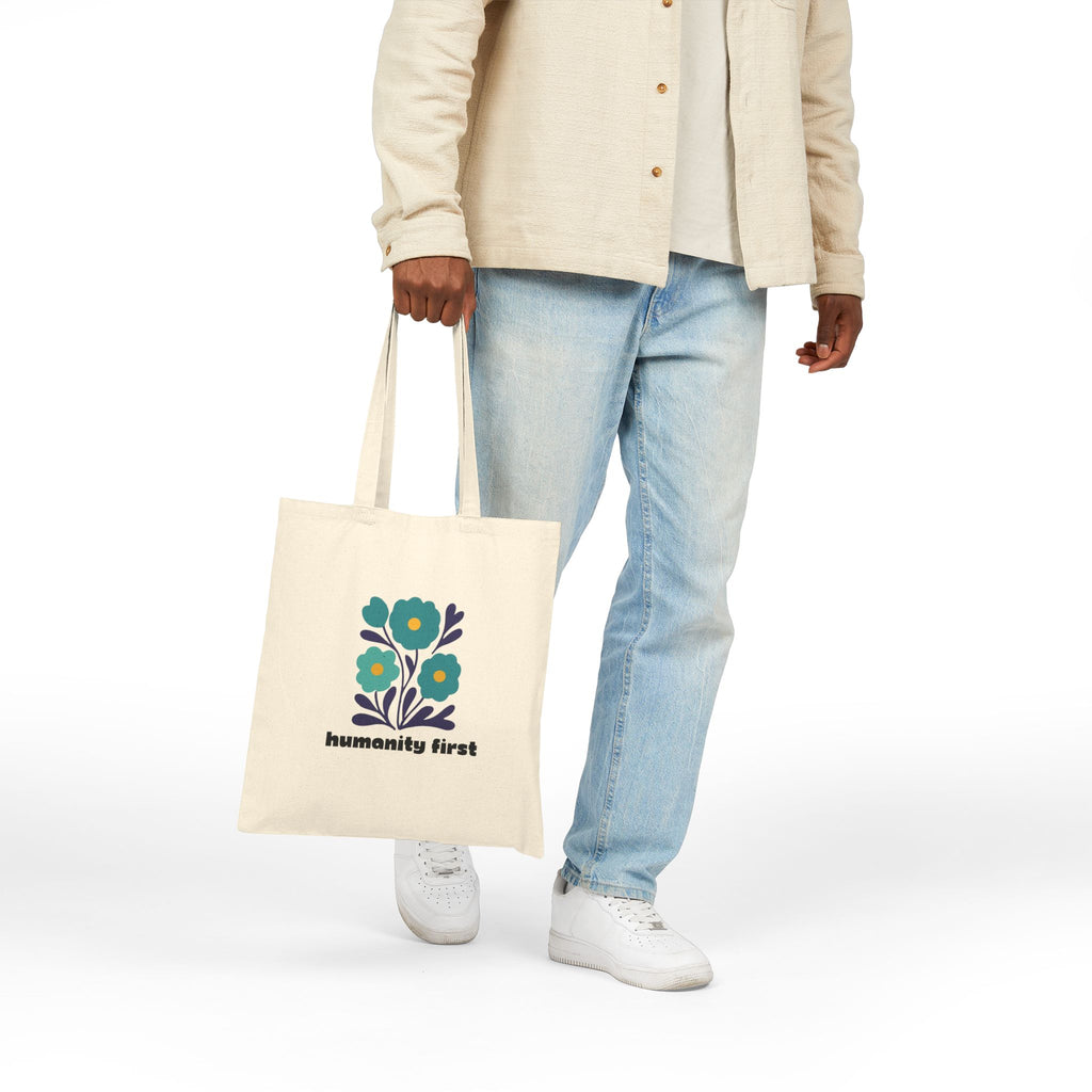 Humanity First Tote Bag – Floral Canvas Tote with Positive Message | Ethical Statement Bag | Reusable Everyday Market & Library Tote