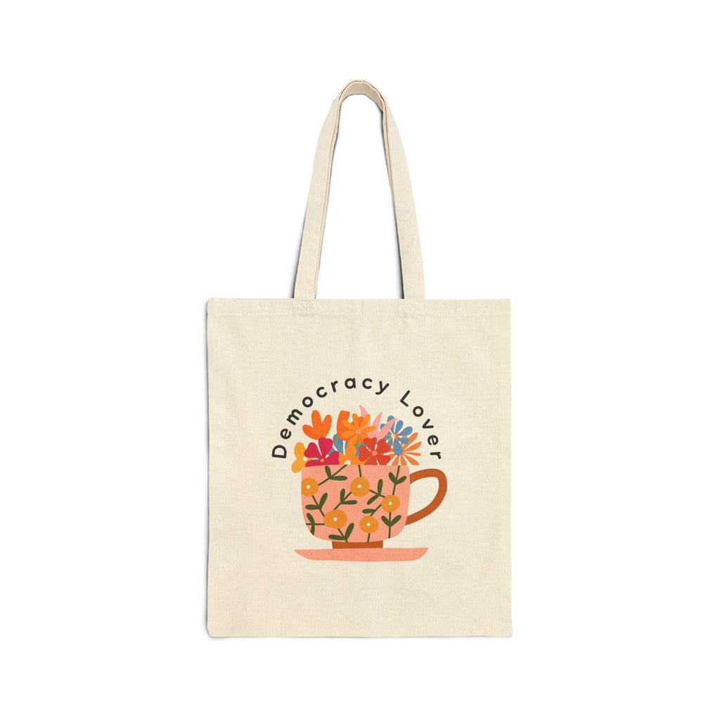 Democracy Lover Natural Canvas Tote Bag | Floral Mug Reusable Tote |  Progressive Gift for Democracy Supporters
