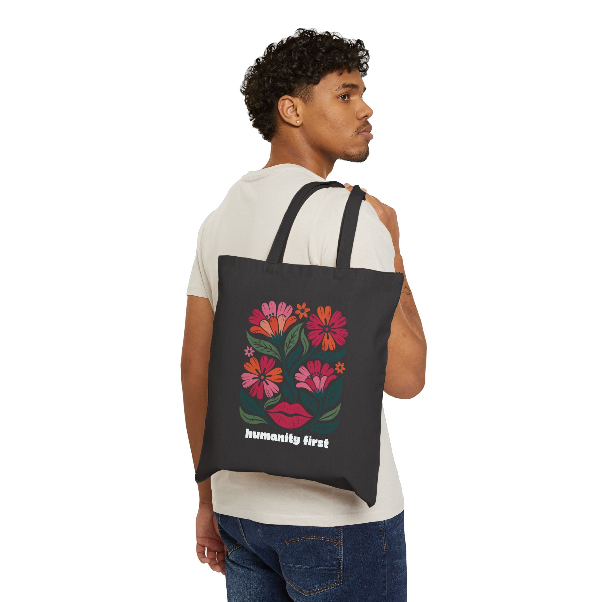 Humanity First Floral Tote Bag | Black Canvas Reusable Tote | Social Justice Art Bag | Progressive Values Tote | Ethical Everyday Carry