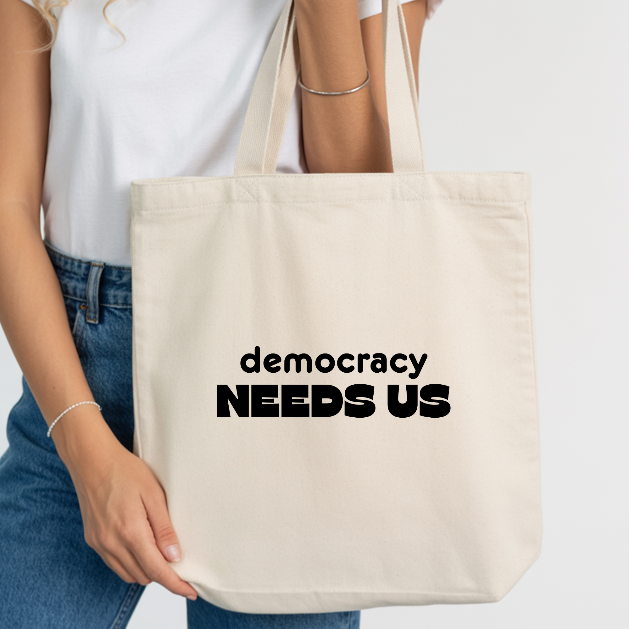 Democracy Needs Us Tote Bag | Civic Engagement Canvas Tote | Minimalist Political Statement Bag