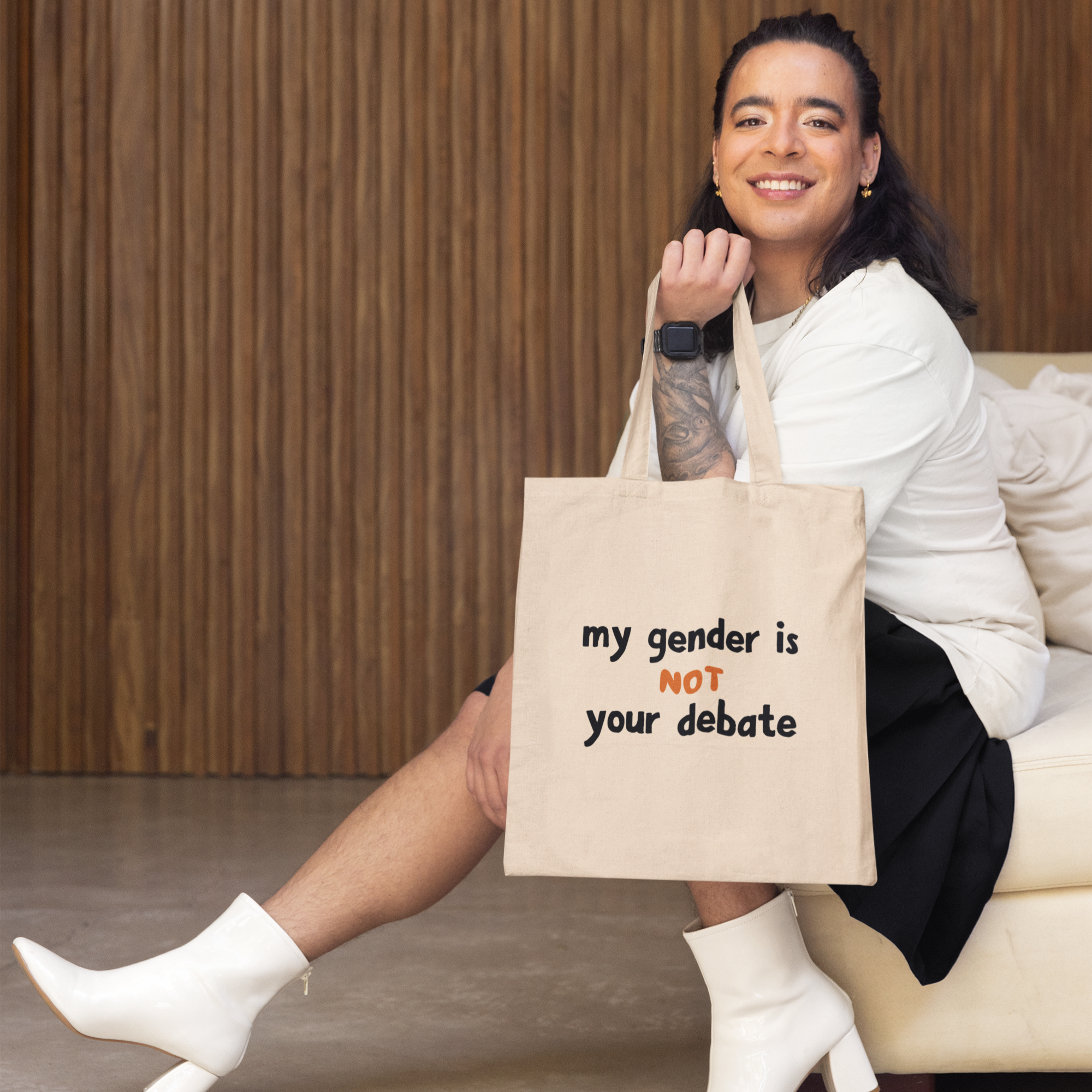 My Gender Is Not Your Debate Tote Bag | Trans Rights Canvas Tote | LGBTQ+ Affirmation Statement Bag
