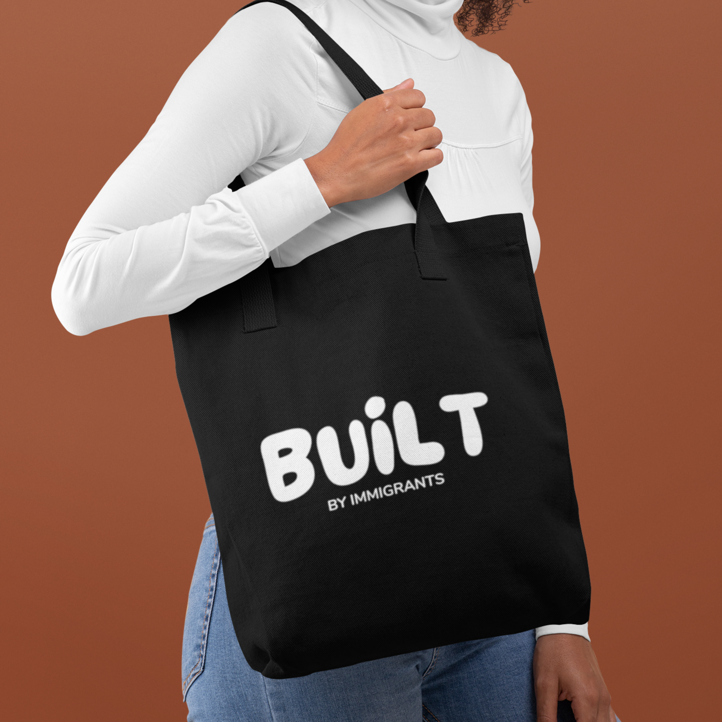 Black Tote Bag  "Built by Immigrants" | Cotton Canvas Market Tote