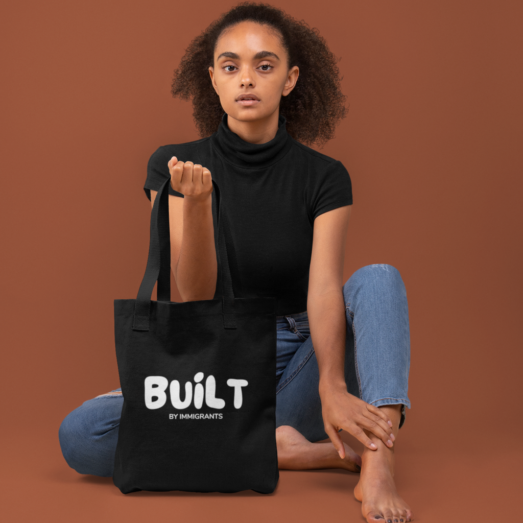 Black Tote Bag  "Built by Immigrants" | Cotton Canvas Market Tote