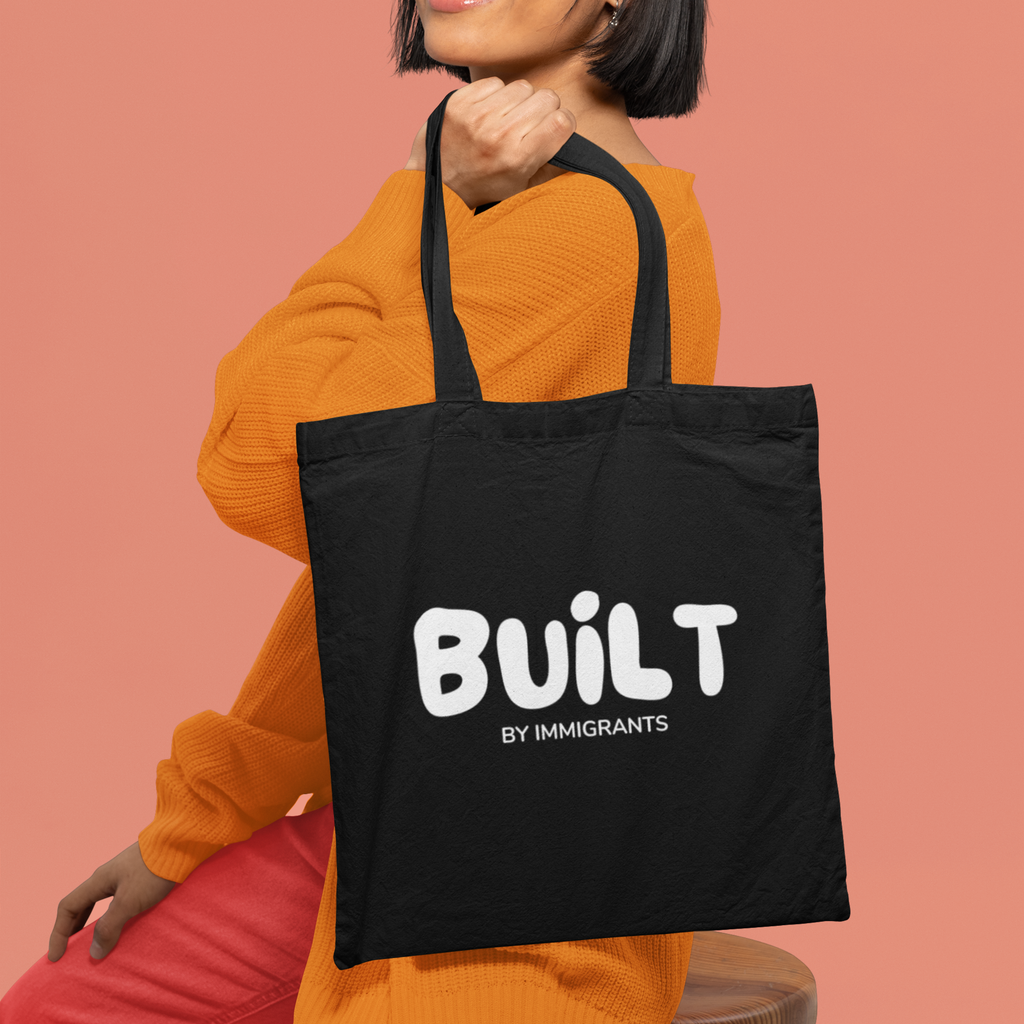 Black Tote Bag  "Built by Immigrants" | Cotton Canvas Market Tote