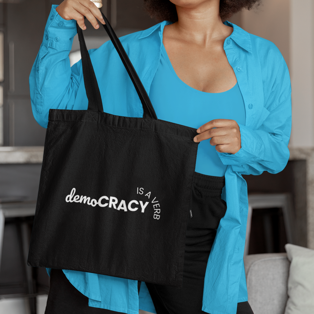 Democracy Is a Verb Tote Bag | Black Canvas Activism Tote | Voting Rights & Civic Engagement Statement Bag | Reusable Political Tote