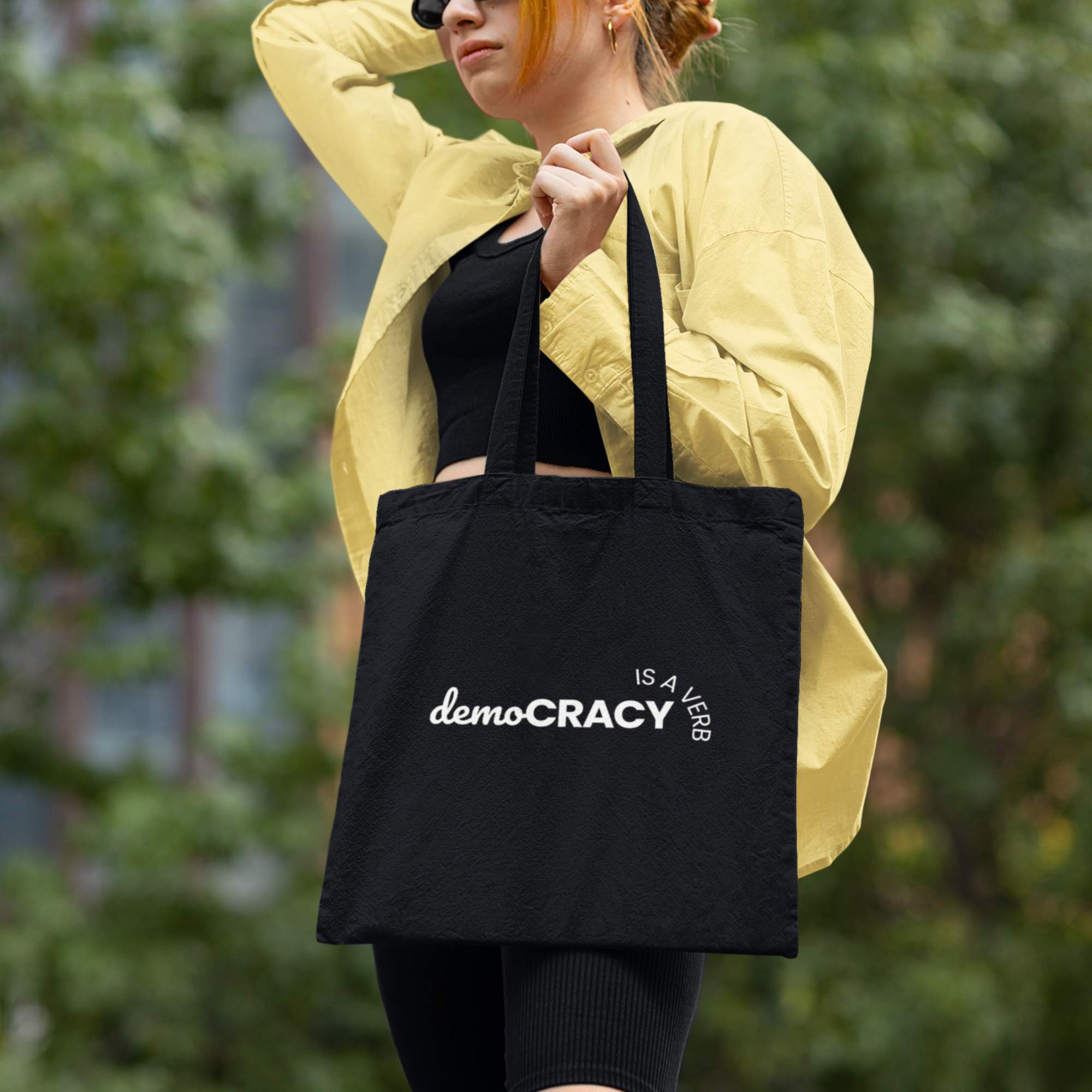 Democracy Is a Verb Tote Bag | Black Canvas Activism Tote | Voting Rights & Civic Engagement Statement Bag | Reusable Political Tote