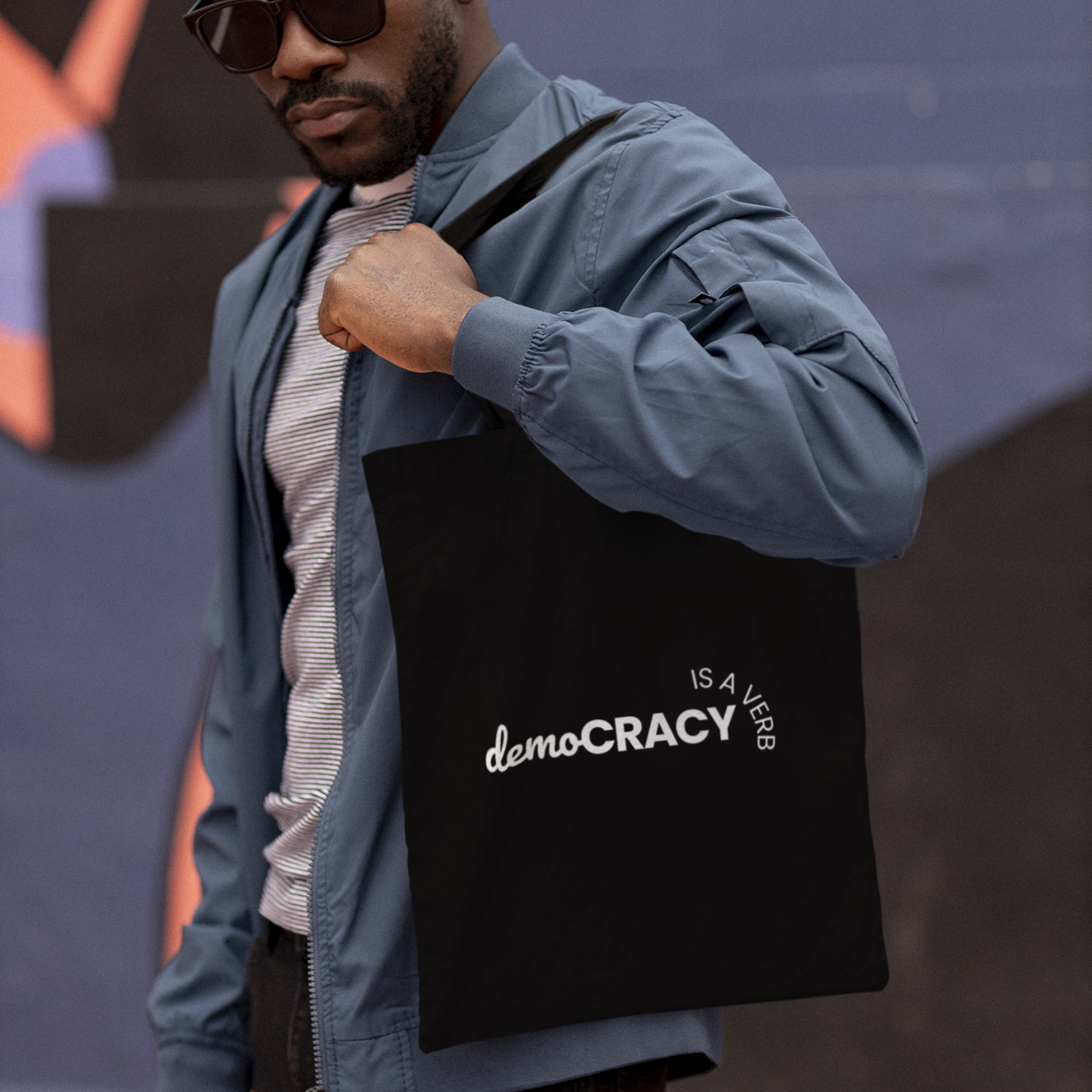 Democracy Is a Verb Tote Bag | Black Canvas Activism Tote | Voting Rights & Civic Engagement Statement Bag | Reusable Political Tote