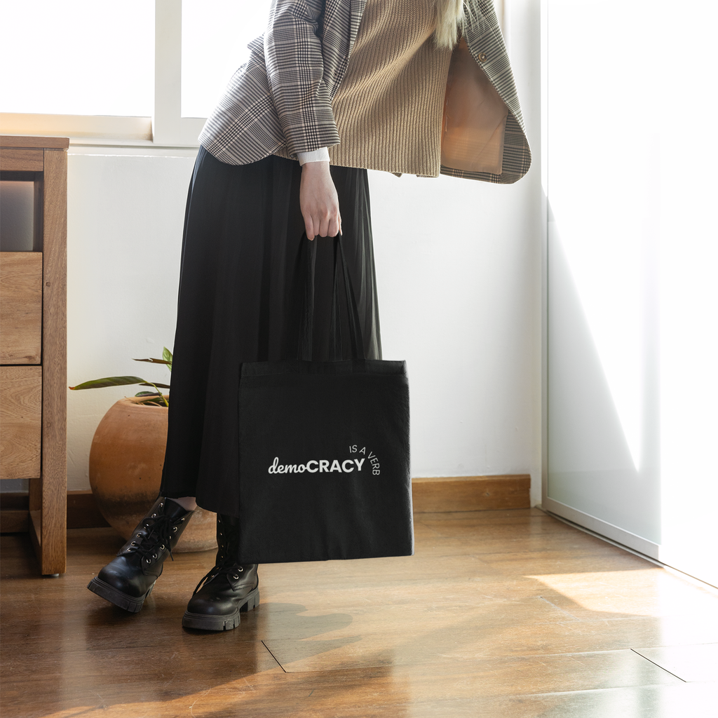 Democracy Is a Verb Tote Bag | Black Canvas Activism Tote | Voting Rights & Civic Engagement Statement Bag | Reusable Political Tote