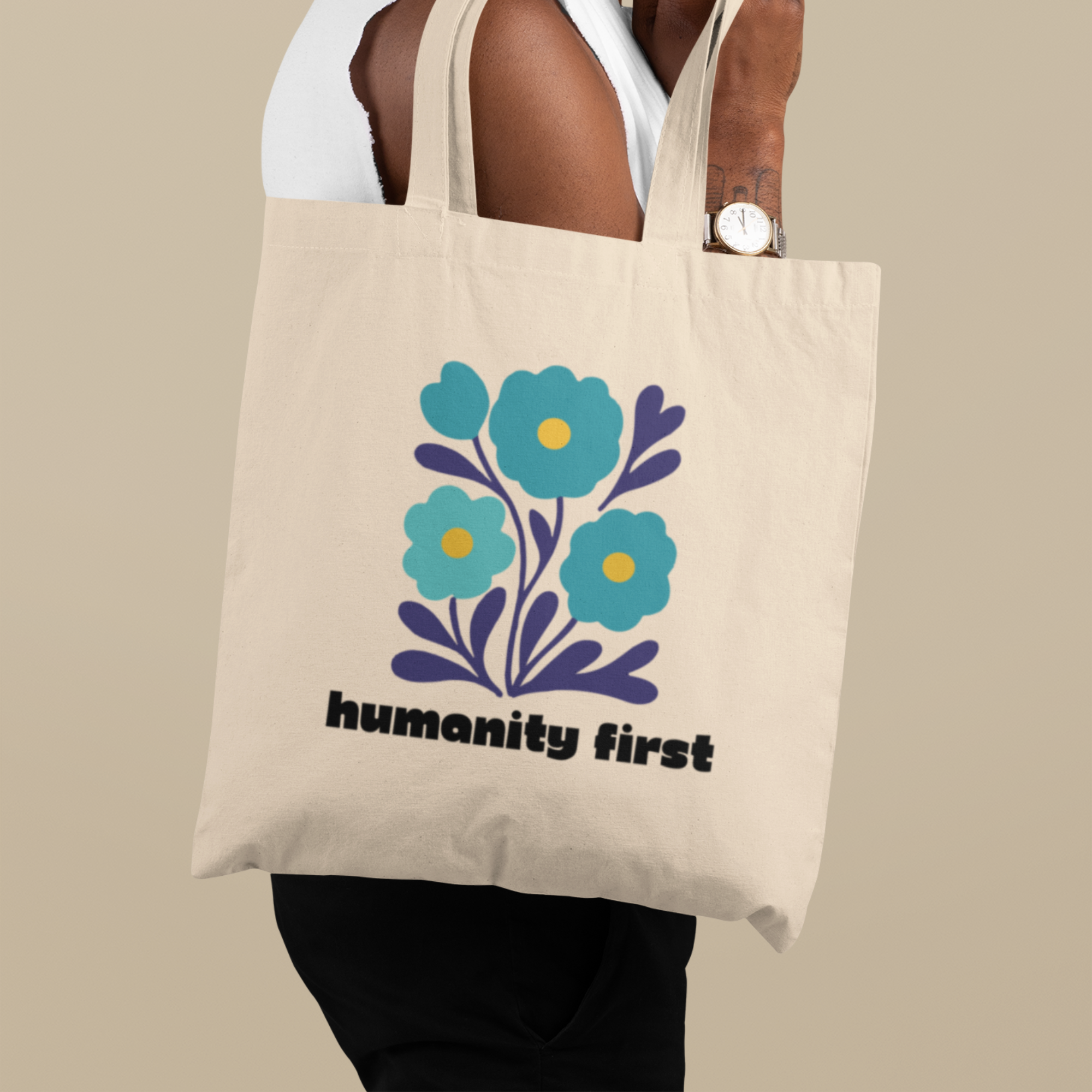Humanity First Tote Bag – Floral Canvas Tote with Positive Message | Ethical Statement Bag | Reusable Everyday Market & Library Tote