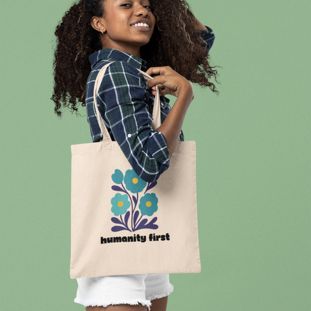 Humanity First Tote Bag – Floral Canvas Tote with Positive Message | Ethical Statement Bag | Reusable Everyday Market & Library Tote