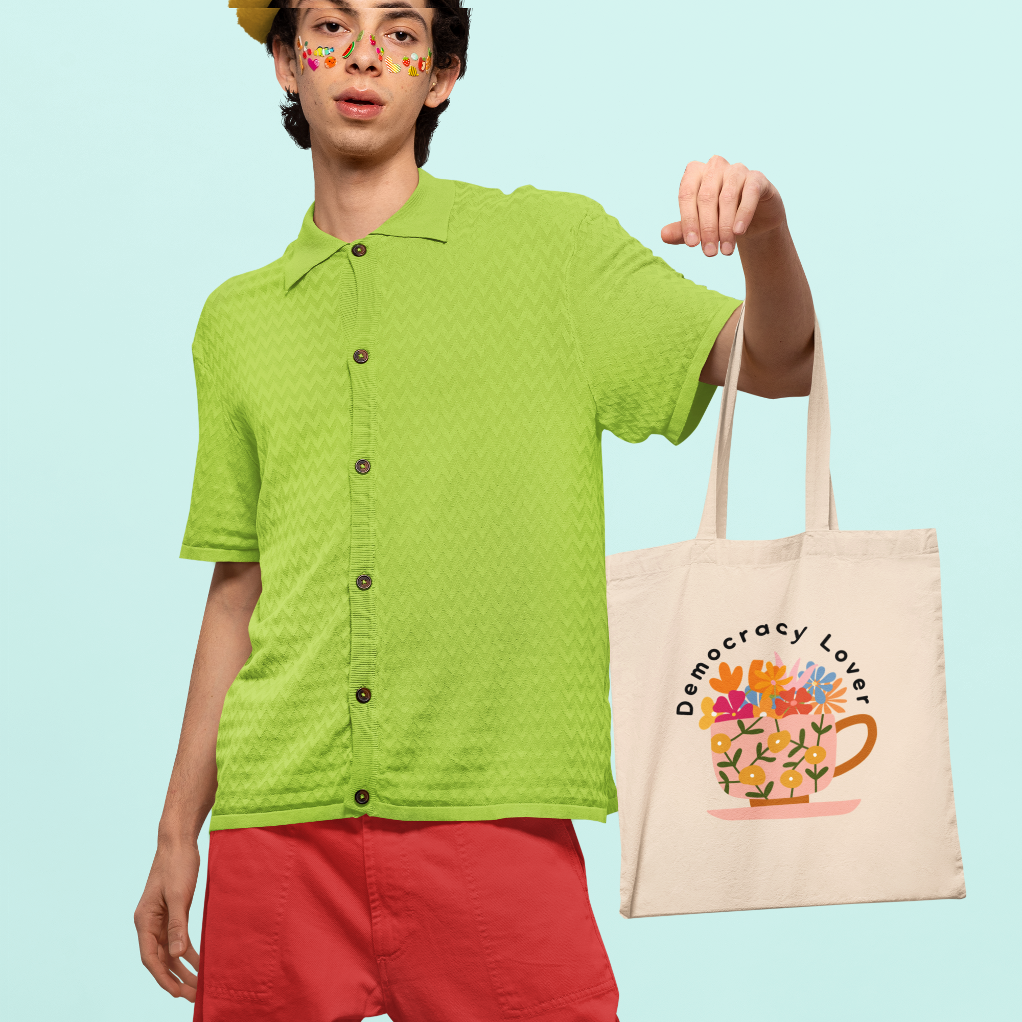 Democracy Lover Natural Canvas Tote Bag | Floral Mug Reusable Tote |  Progressive Gift for Democracy Supporters