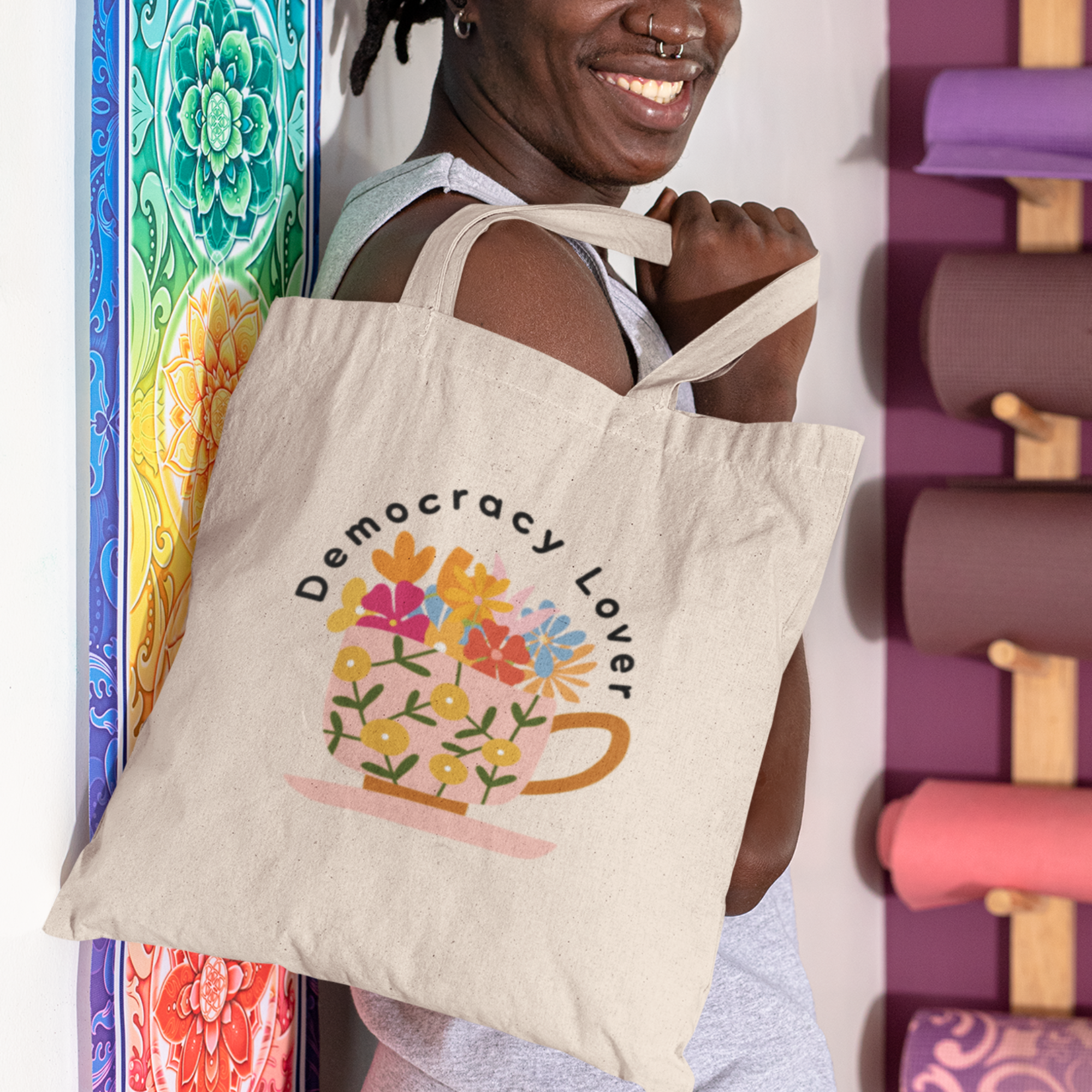 Democracy Lover Natural Canvas Tote Bag | Floral Mug Reusable Tote |  Progressive Gift for Democracy Supporters