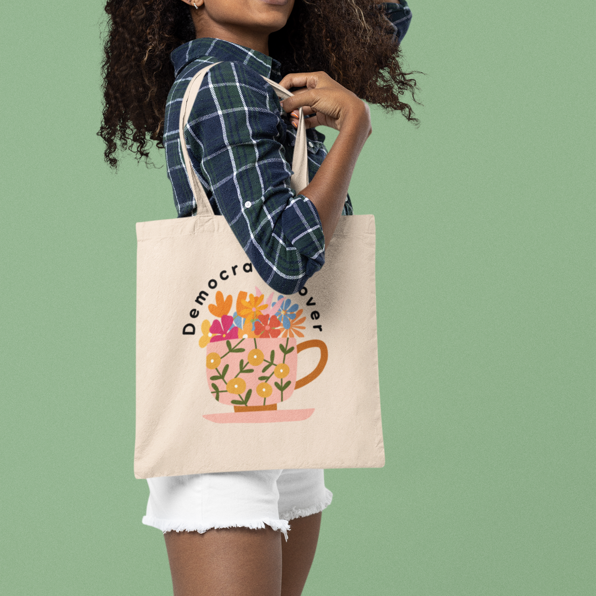 Democracy Lover Natural Canvas Tote Bag | Floral Mug Reusable Tote |  Progressive Gift for Democracy Supporters