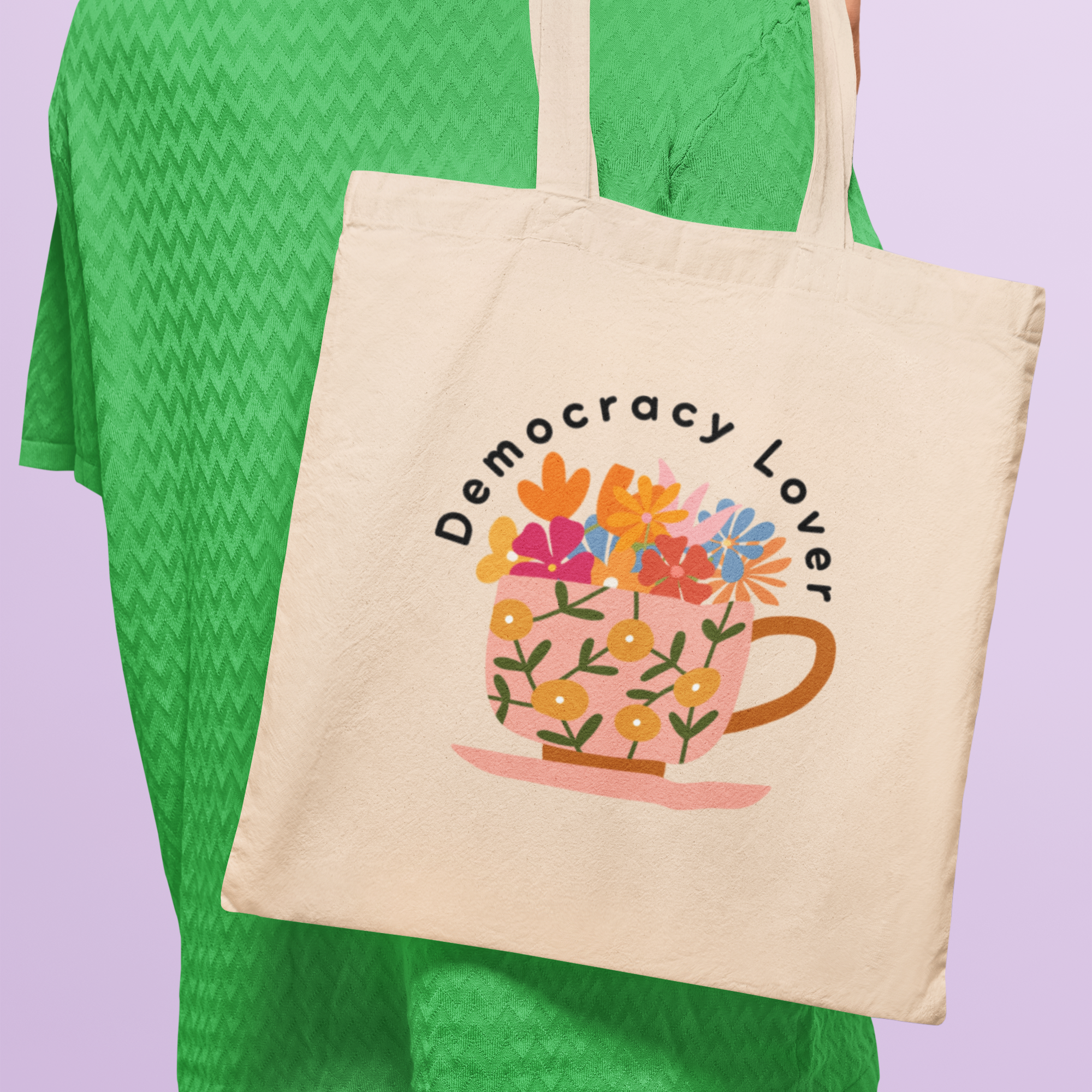 Democracy Lover Natural Canvas Tote Bag | Floral Mug Reusable Tote |  Progressive Gift for Democracy Supporters