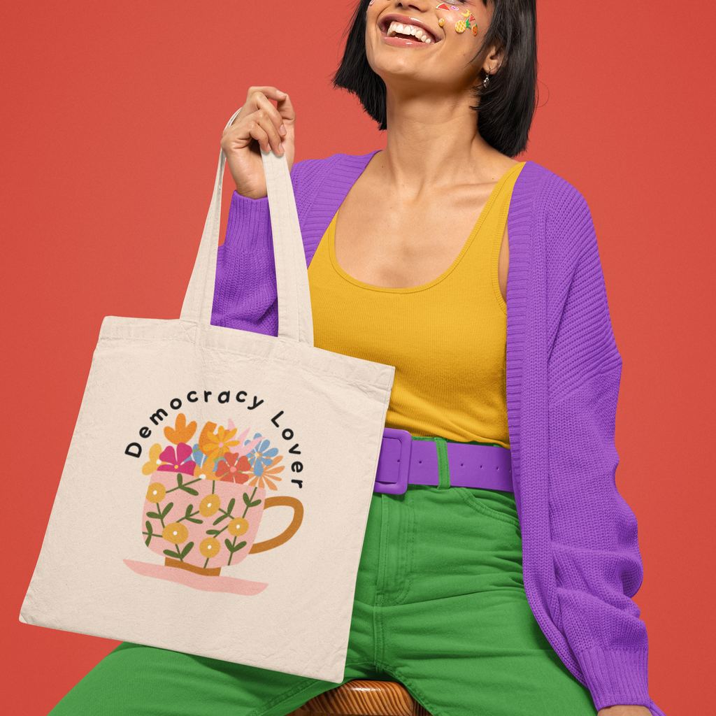 Democracy Lover Natural Canvas Tote Bag | Floral Mug Reusable Tote |  Progressive Gift for Democracy Supporters