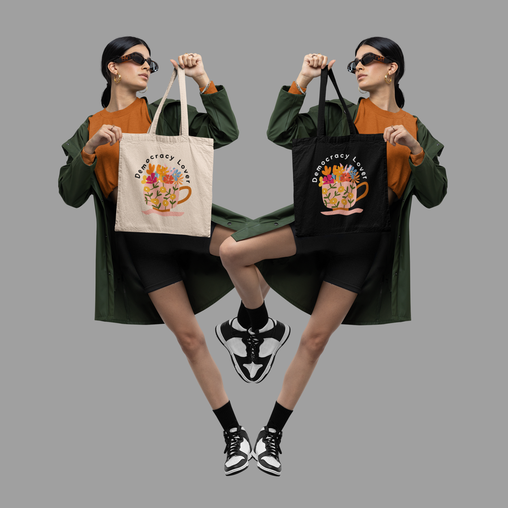 Democracy Lover Black Tote Bag – Floral Mug Political Canvas Tote | Cozy Activism Reusable Bag | Progressive Gift for Democracy Supporters