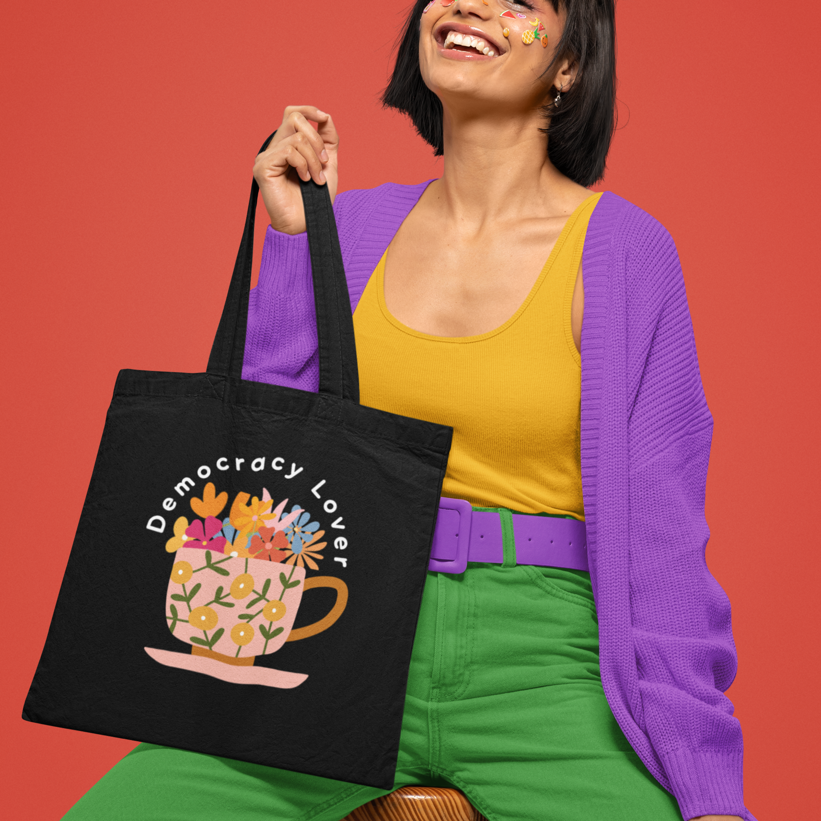 Democracy Lover Black Tote Bag – Floral Mug Political Canvas Tote | Cozy Activism Reusable Bag | Progressive Gift for Democracy Supporters