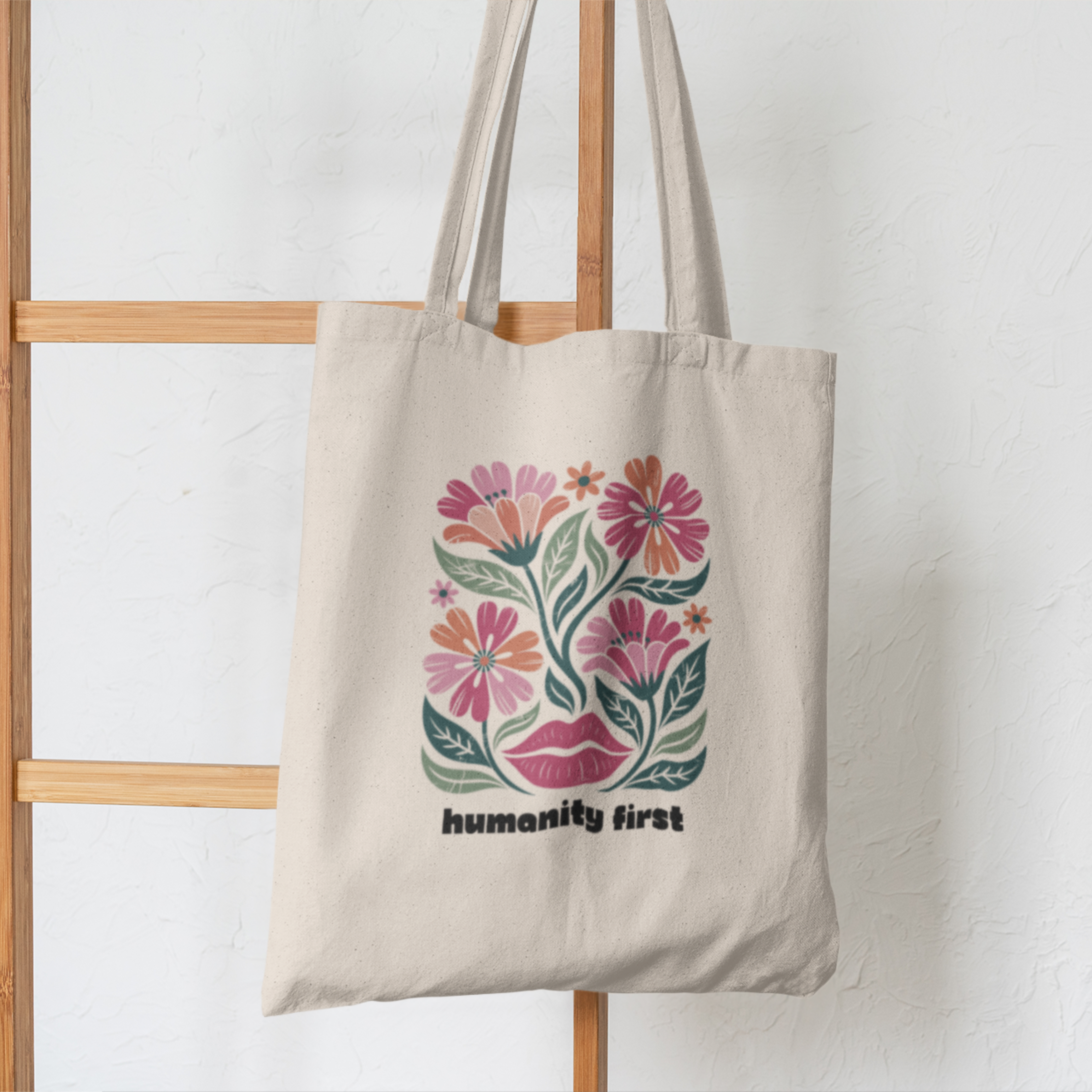 Humanity First Floral Tote Bag | Natural Canvas Reusable Bag | Social Justice Art Tote | Progressive Values Gift | Ethical Everyday Carry