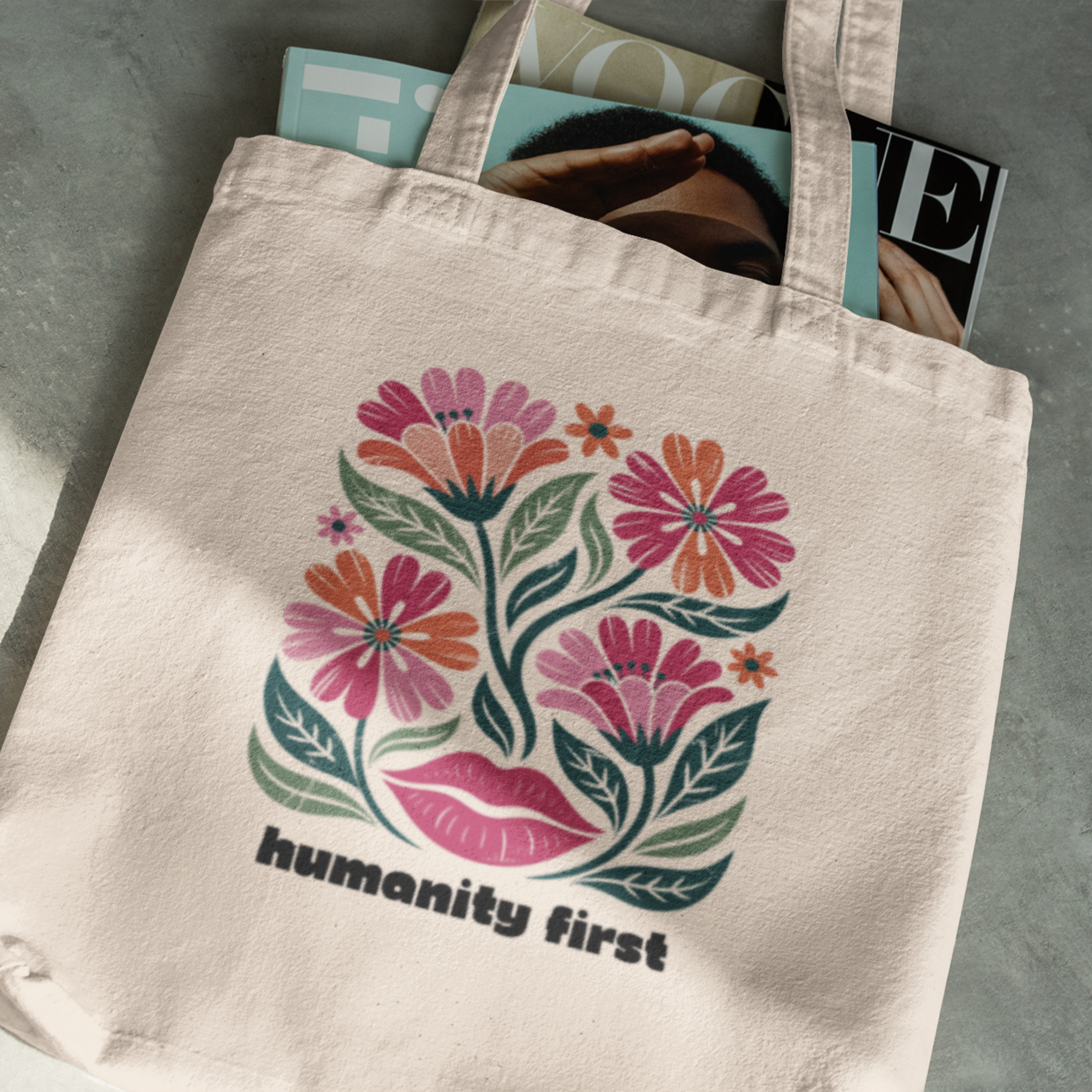 Humanity First Floral Tote Bag | Natural Canvas Reusable Bag | Social Justice Art Tote | Progressive Values Gift | Ethical Everyday Carry