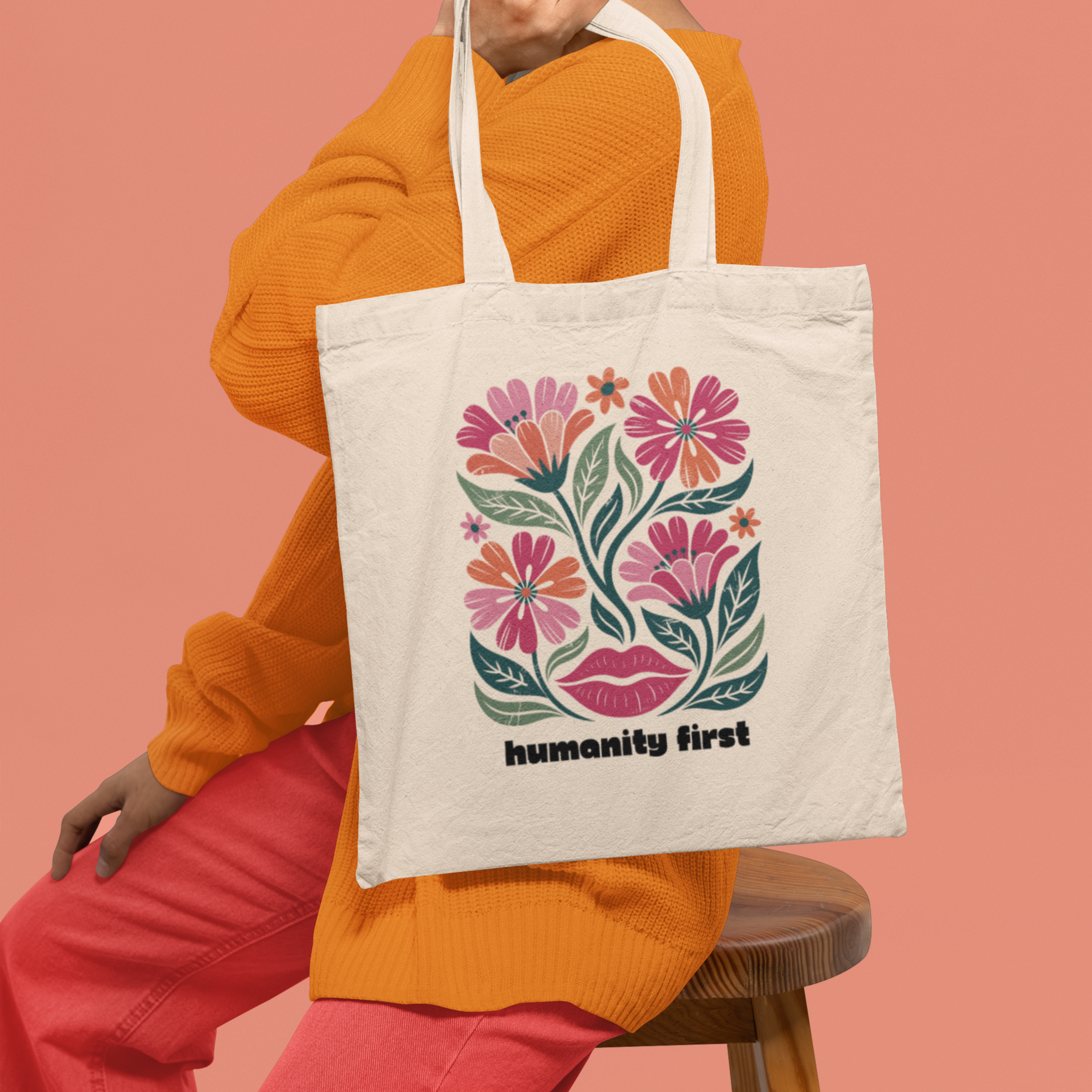 Humanity First Floral Tote Bag | Natural Canvas Reusable Bag | Social Justice Art Tote | Progressive Values Gift | Ethical Everyday Carry