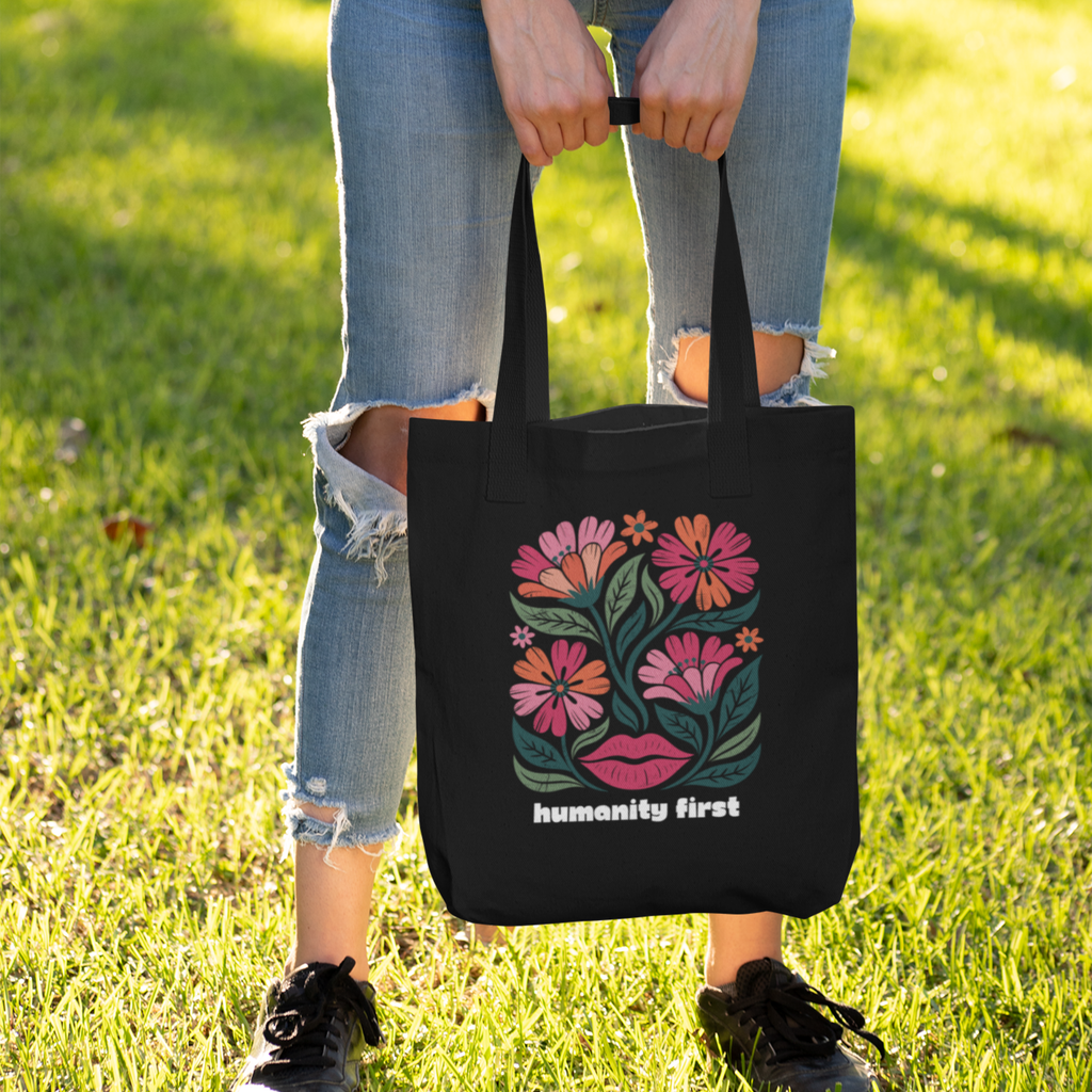 Humanity First Floral Tote Bag | Black Canvas Reusable Tote | Social Justice Art Bag | Progressive Values Tote | Ethical Everyday Carry