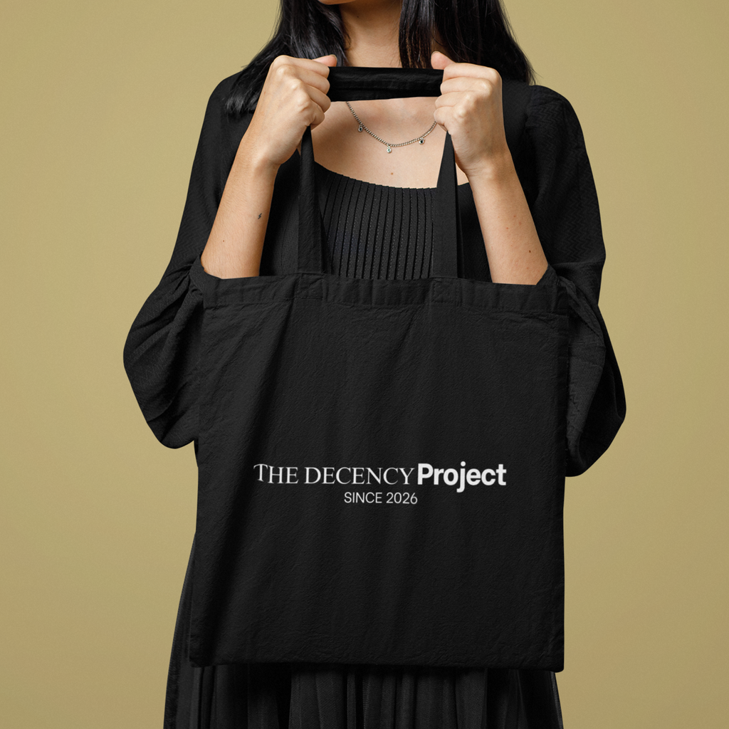 Black "The Decency Project" Canvas Tote Bag | Black Canvas Reusable Tote | Minimalist Ethical Tote