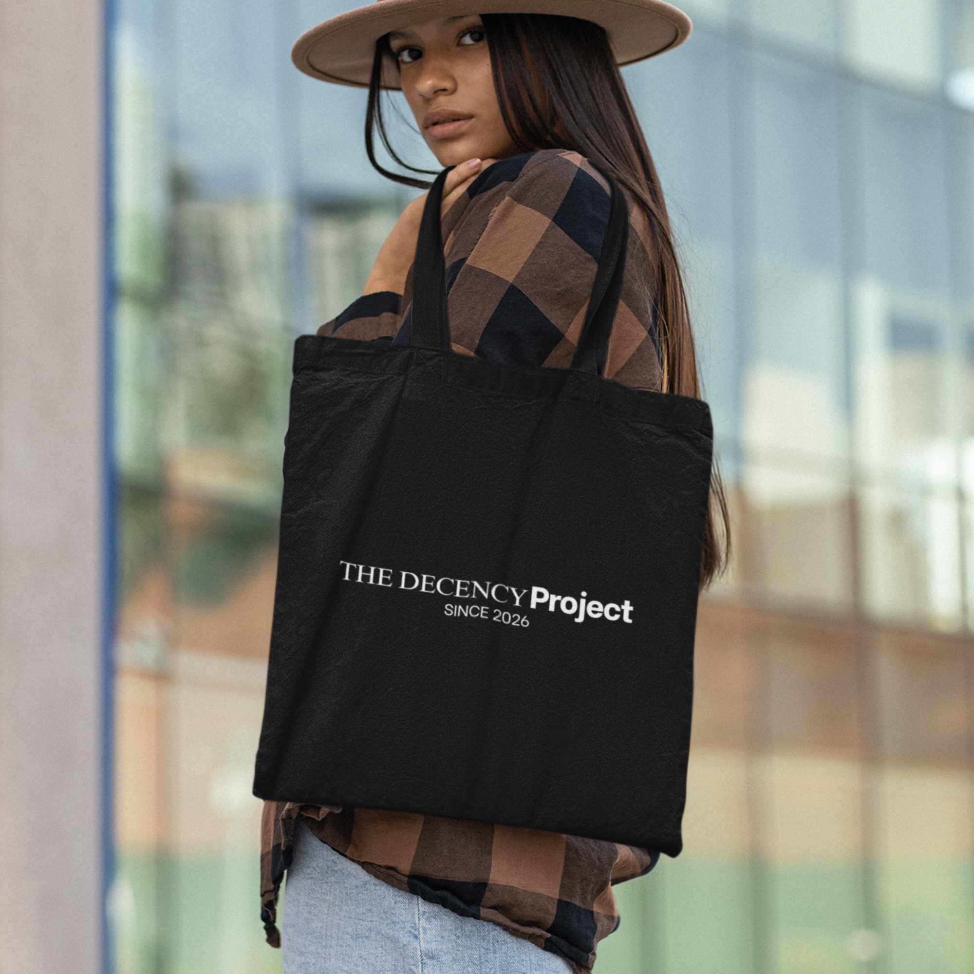 Black "The Decency Project" Canvas Tote Bag | Black Canvas Reusable Tote | Minimalist Ethical Tote