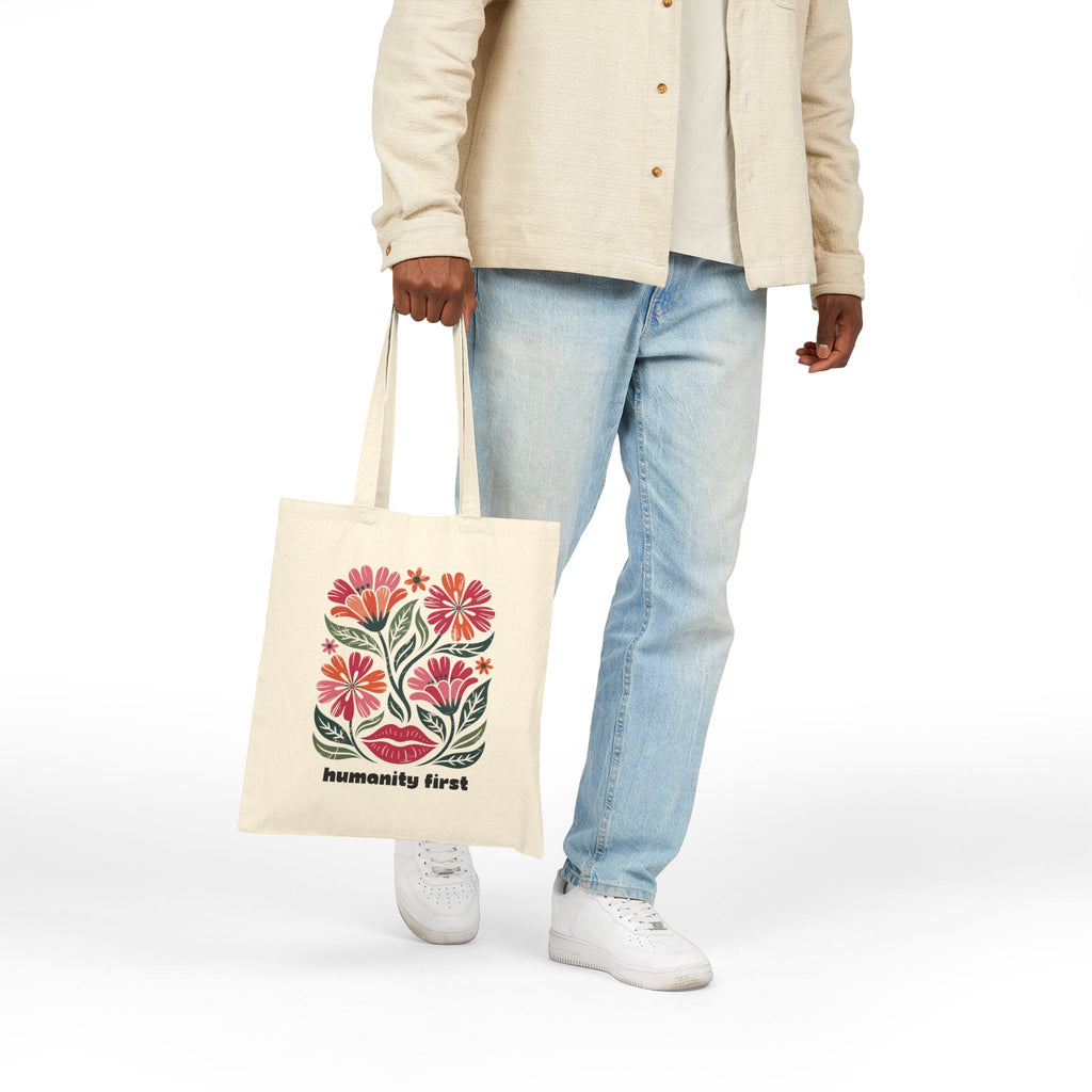 Humanity First Floral Tote Bag | Natural Canvas Reusable Bag | Social Justice Art Tote | Progressive Values Gift | Ethical Everyday Carry