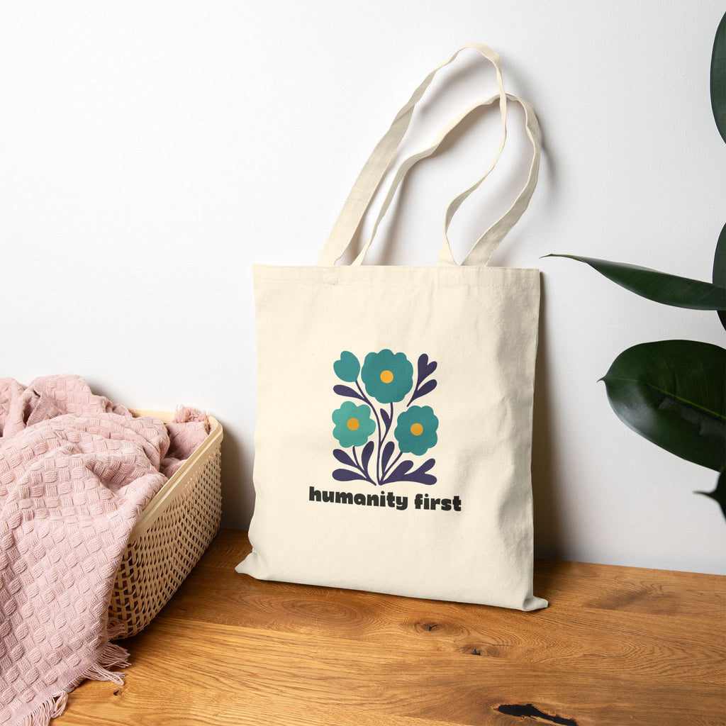 Humanity First Tote Bag – Floral Canvas Tote with Positive Message | Ethical Statement Bag | Reusable Everyday Market & Library Tote