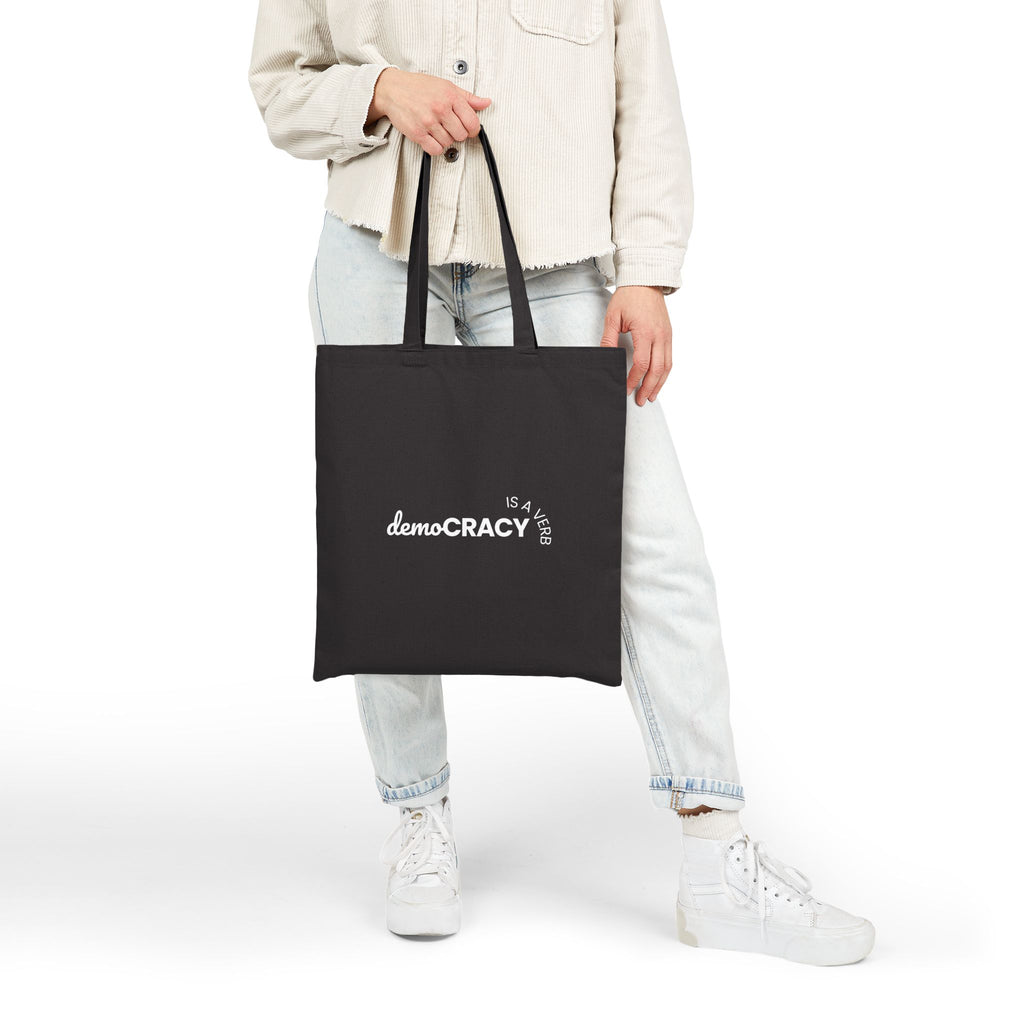 Democracy Is a Verb Tote Bag | Black Canvas Activism Tote | Voting Rights & Civic Engagement Statement Bag | Reusable Political Tote