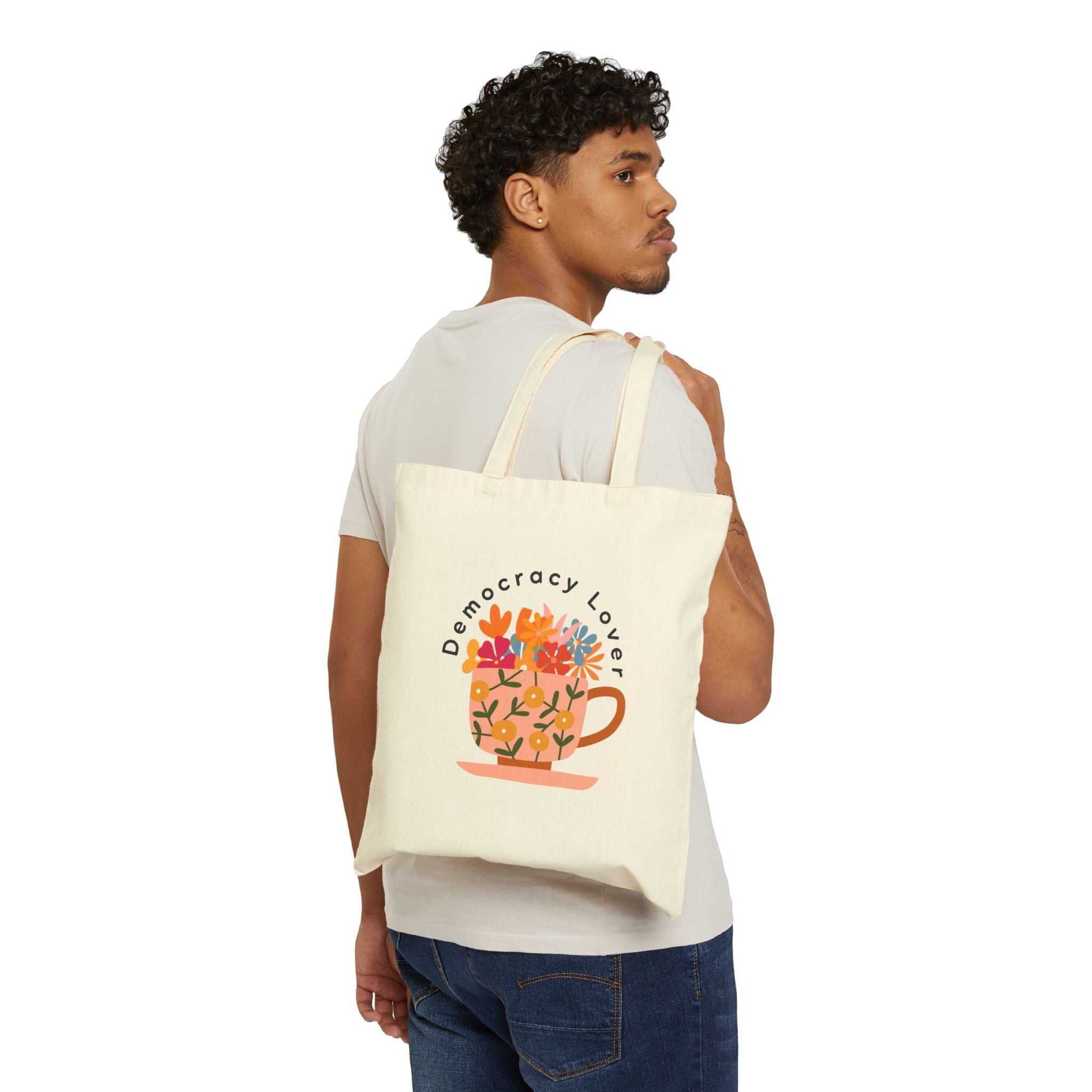Democracy Lover Natural Canvas Tote Bag | Floral Mug Reusable Tote |  Progressive Gift for Democracy Supporters